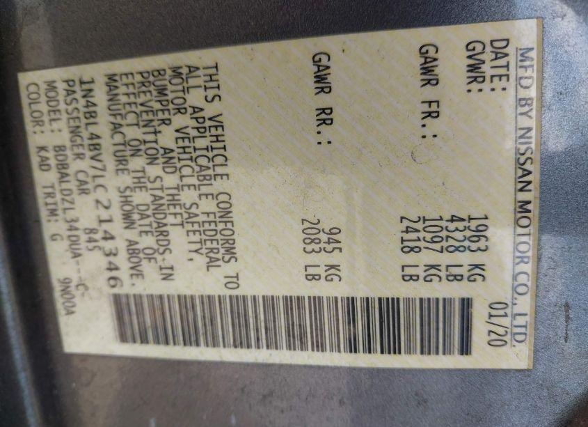 Photo 9 of 2020 Nissan Altima S FWD (VIN 1N4BL4BV7LC214346)