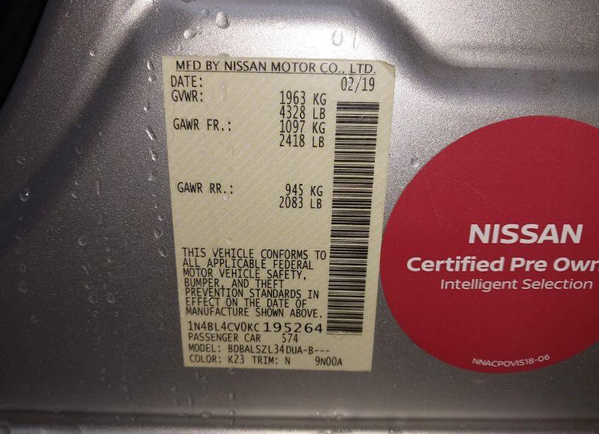 Photo 9 of 2019 Nissan Altima 2.5 SR (VIN 1N4BL4CV0KC195264)