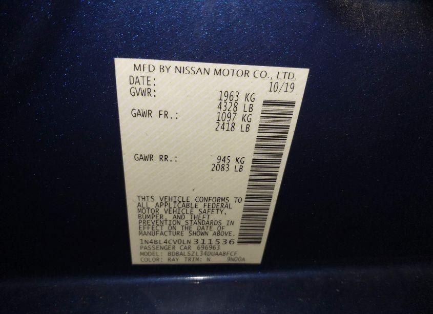 Photo 9 of 2020 Nissan Altima SR FWD (VIN 1N4BL4CV0LN311536)