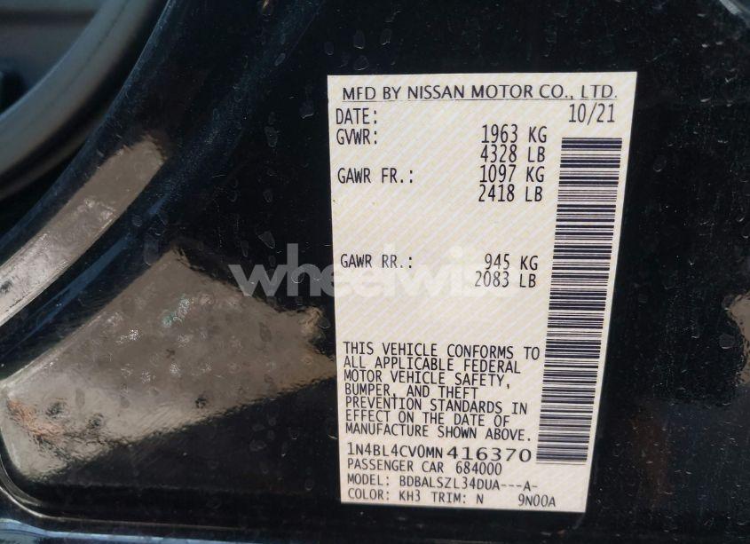 Photo 9 of 2021 Nissan Altima SR FWD (VIN 1N4BL4CV0MN416370)