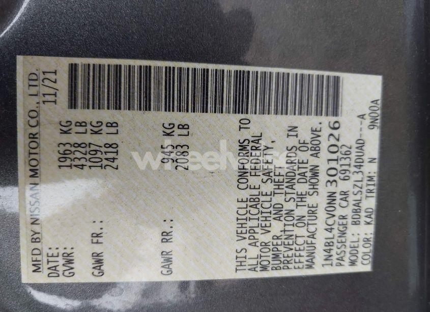 Photo 9 of 2022 Nissan Altima SR FWD (VIN 1N4BL4CV0NN301026)