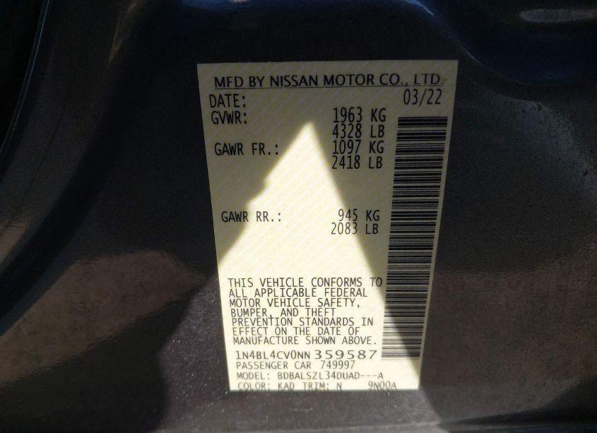 Photo 9 of 2022 Nissan Altima SR FWD (VIN 1N4BL4CV0NN359587)