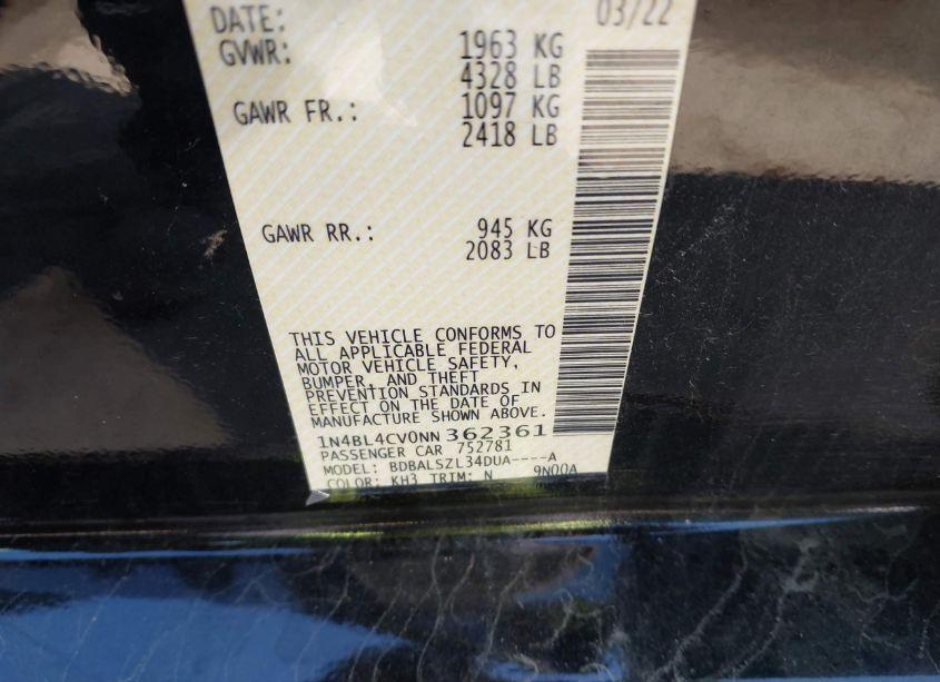 Photo 9 of 2022 Nissan Altima SR FWD (VIN 1N4BL4CV0NN362361)