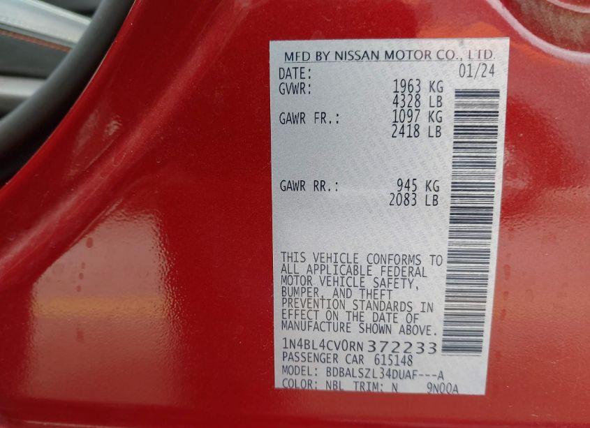 Photo 9 of 2024 Nissan Altima SR FWD (VIN 1N4BL4CV0RN372233)