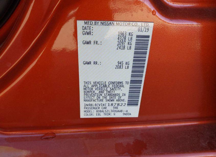 Photo 9 of 2019 Nissan Altima 2.5 SR (VIN 1N4BL4CV1KC187822)