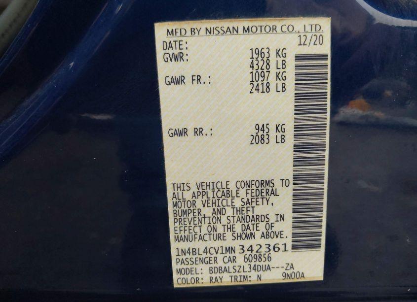 Photo 9 of 2021 Nissan Altima SR FWD (VIN 1N4BL4CV1MN342361)