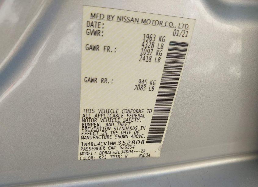 Photo 9 of 2021 Nissan Altima SR FWD (VIN 1N4BL4CV1MN352808)