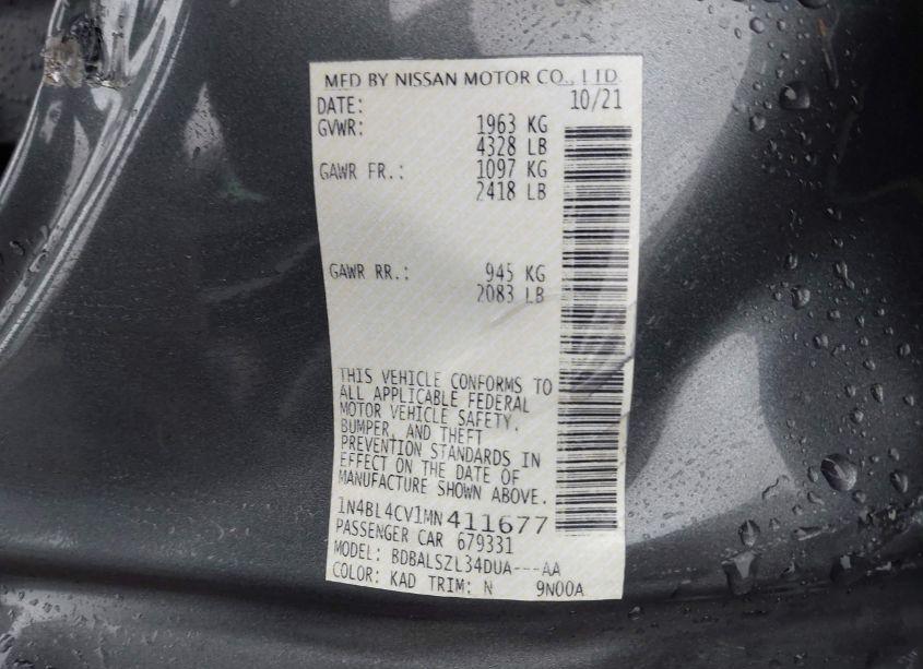 Photo 9 of 2021 Nissan Altima SR FWD (VIN 1N4BL4CV1MN411677)