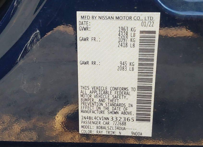 Photo 9 of 2022 Nissan Altima SR FWD (VIN 1N4BL4CV1NN332365)