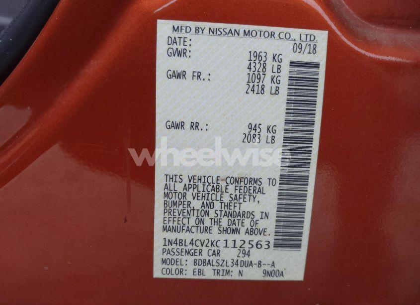 Photo 9 of 2019 Nissan Altima 2.5 SR (VIN 1N4BL4CV2KC112563)