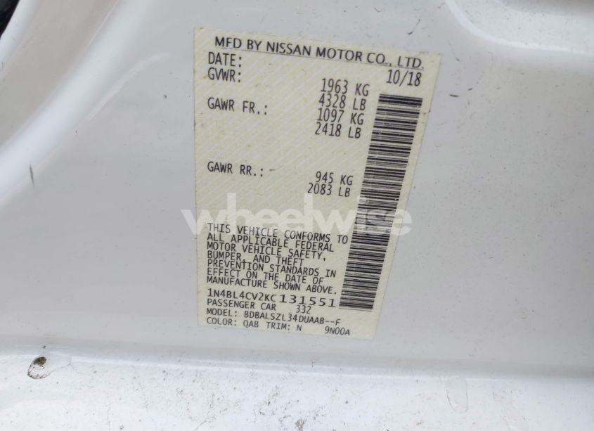 Photo 9 of 2019 Nissan Altima 2.5 SR (VIN 1N4BL4CV2KC131551)