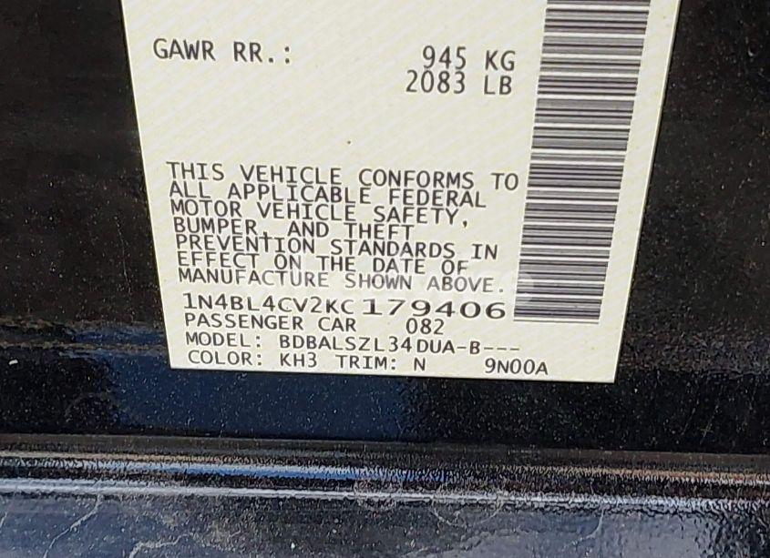 Photo 9 of 2019 Nissan Altima 2.5 SR (VIN 1N4BL4CV2KC179406)