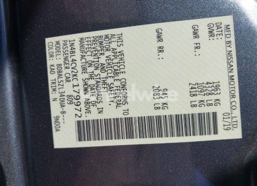 Photo 9 of 2019 Nissan Altima 2.5 SR (VIN 1N4BL4CV2KC179972)