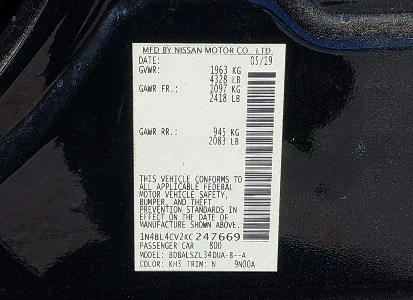 Photo 9 of 2019 Nissan Altima 2.5 SR (VIN 1N4BL4CV2KC247669)