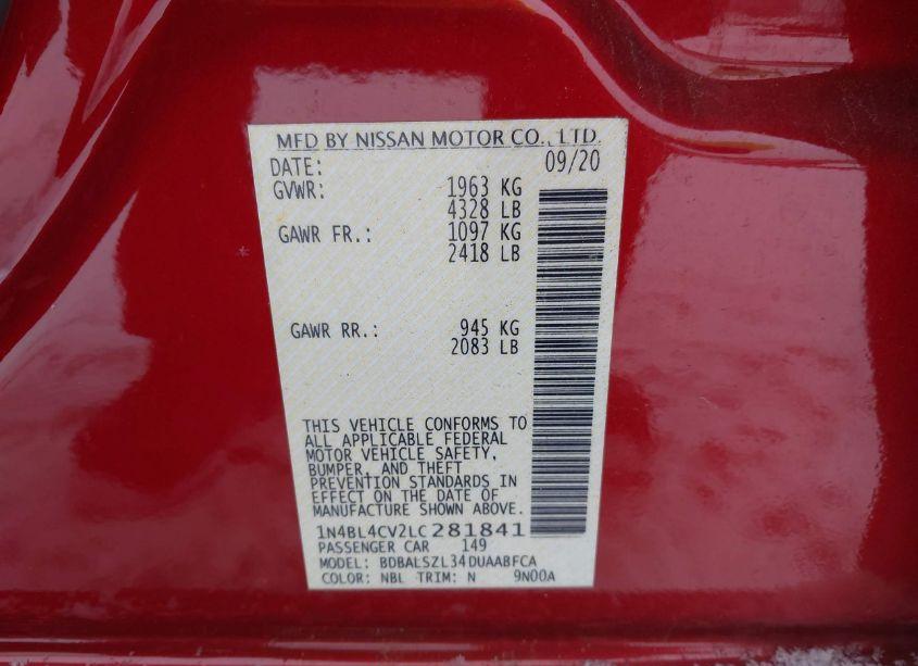 Photo 9 of 2020 Nissan Altima SR FWD (VIN 1N4BL4CV2LC281841)