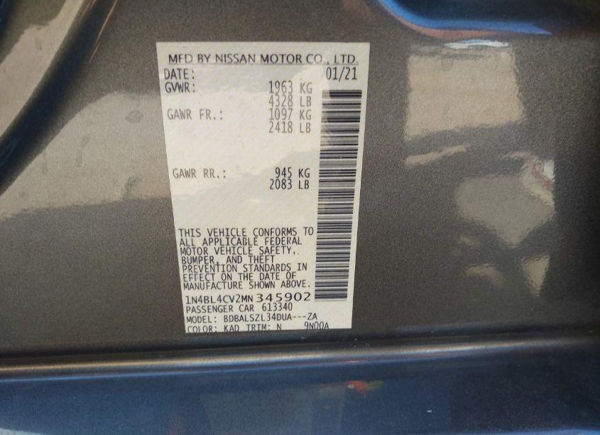 Photo 9 of 2021 Nissan Altima SR FWD (VIN 1N4BL4CV2MN345902)