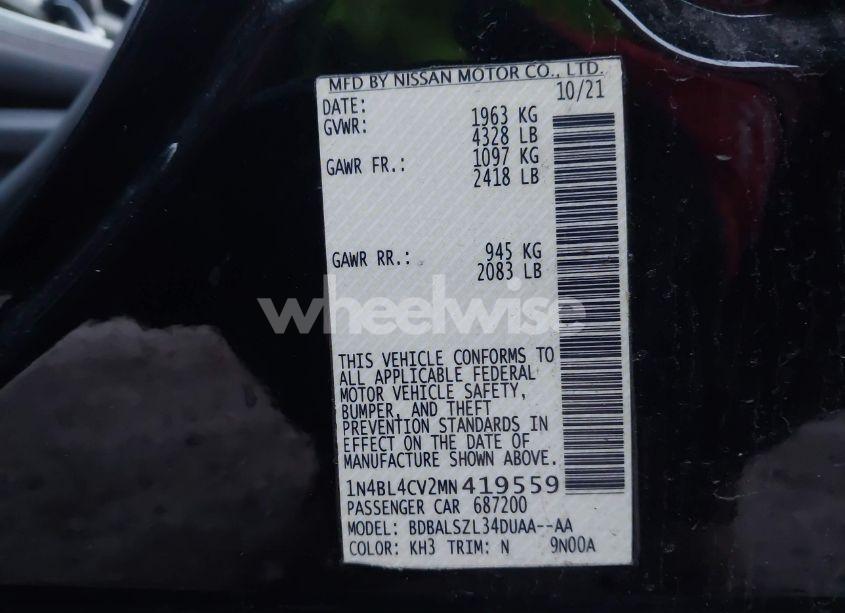 Photo 9 of 2021 Nissan Altima SR FWD (VIN 1N4BL4CV2MN419559)