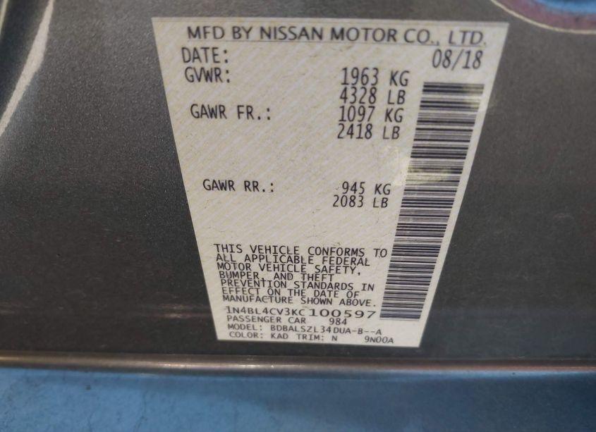 Photo 9 of 2019 Nissan Altima 2.5 SR (VIN 1N4BL4CV3KC100597)