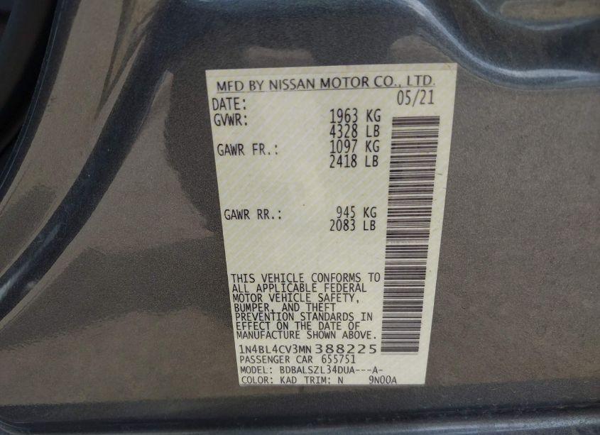 Photo 9 of 2021 Nissan Altima SR FWD (VIN 1N4BL4CV3MN388225)