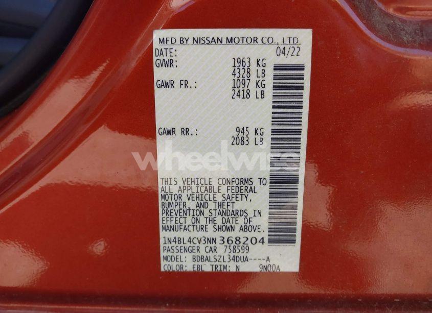 Photo 9 of 2022 Nissan Altima SR FWD (VIN 1N4BL4CV3NN368204)