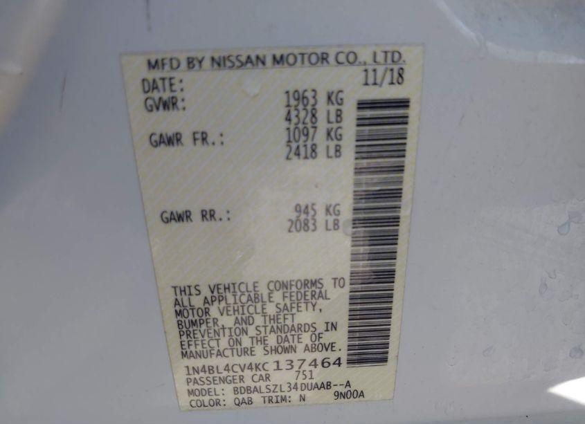 Photo 9 of 2019 Nissan Altima 2.5 SR (VIN 1N4BL4CV4KC137464)