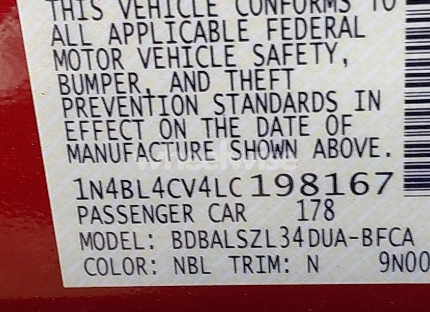 Photo 9 of 2020 Nissan Altima SR FWD (VIN 1N4BL4CV4LC198167)