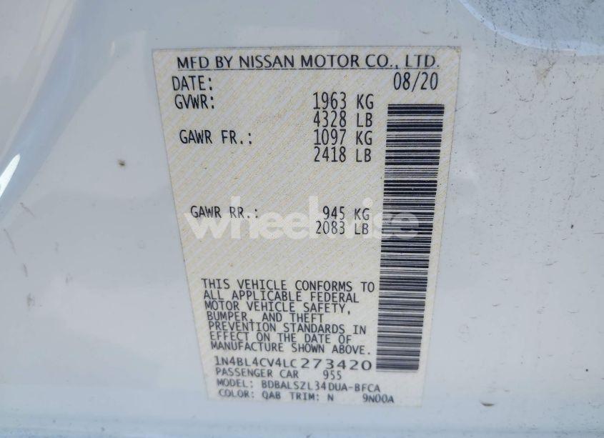 Photo 9 of 2020 Nissan Altima SR FWD (VIN 1N4BL4CV4LC273420)