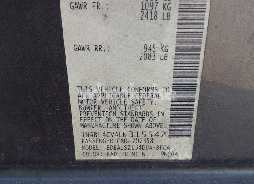 Photo 9 of 2020 Nissan Altima SR FWD (VIN 1N4BL4CV4LN315542)