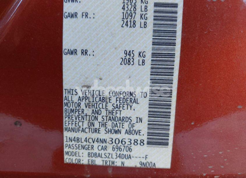 Photo 9 of 2022 Nissan Altima SR FWD (VIN 1N4BL4CV4NN306388)