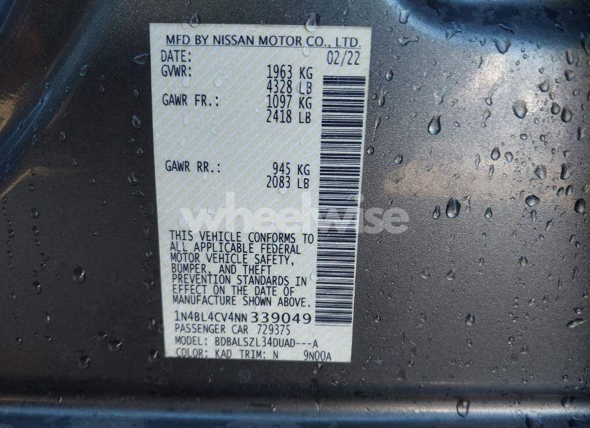 Photo 9 of 2022 Nissan Altima SR FWD (VIN 1N4BL4CV4NN339049)