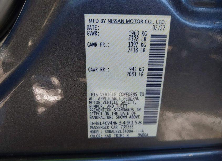 Photo 9 of 2022 Nissan Altima SR FWD (VIN 1N4BL4CV4NN349158)