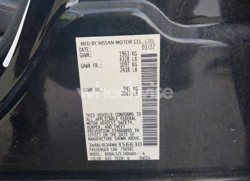 Photo 9 of 2022 Nissan Altima SR FWD (VIN 1N4BL4CV4NN356630)