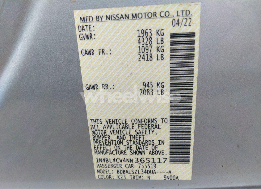 Photo 9 of 2022 Nissan Altima SR FWD (VIN 1N4BL4CV4NN365117)