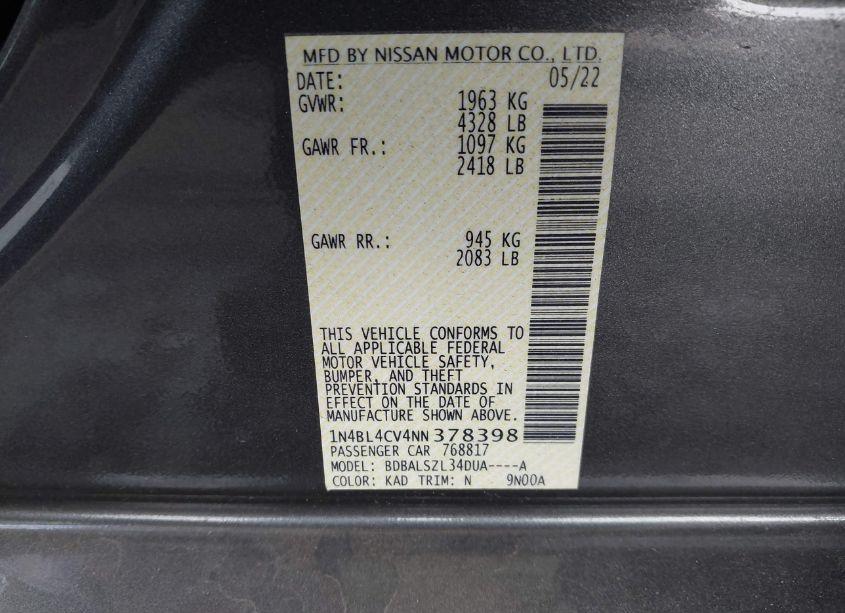 Photo 9 of 2022 Nissan Altima SR FWD (VIN 1N4BL4CV4NN378398)