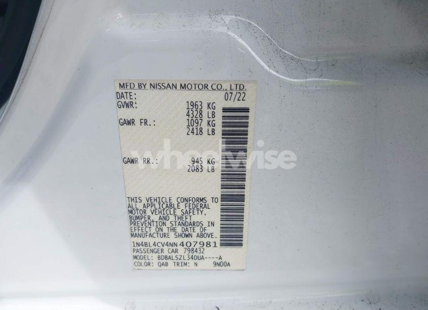 Photo 9 of 2022 Nissan Altima SR FWD (VIN 1N4BL4CV4NN407981)