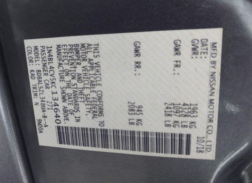 Photo 9 of 2019 Nissan Altima 2.5 SR (VIN 1N4BL4CV5KC134640)