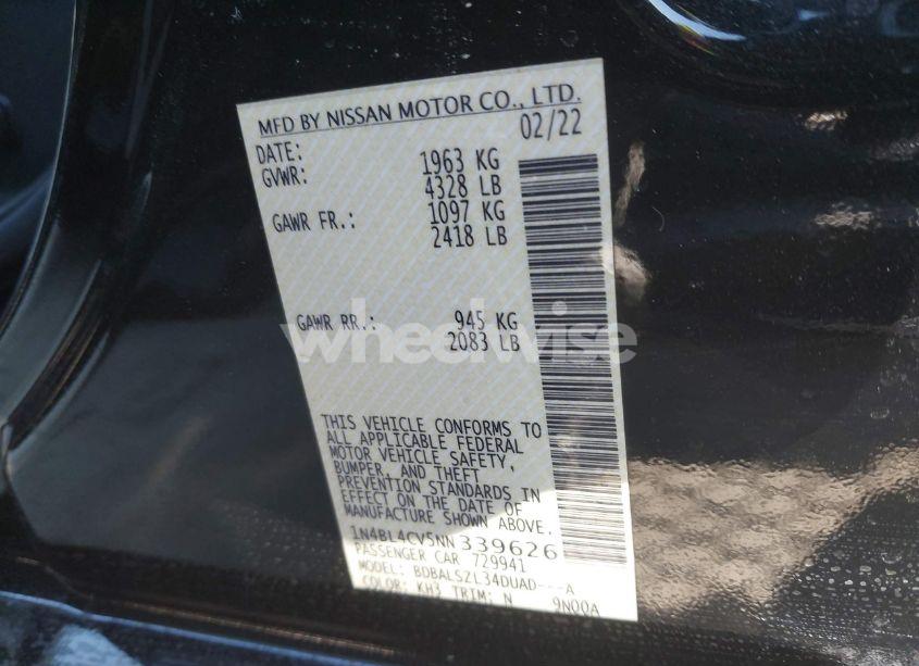 Photo 9 of 2022 Nissan Altima SR FWD (VIN 1N4BL4CV5NN339626)