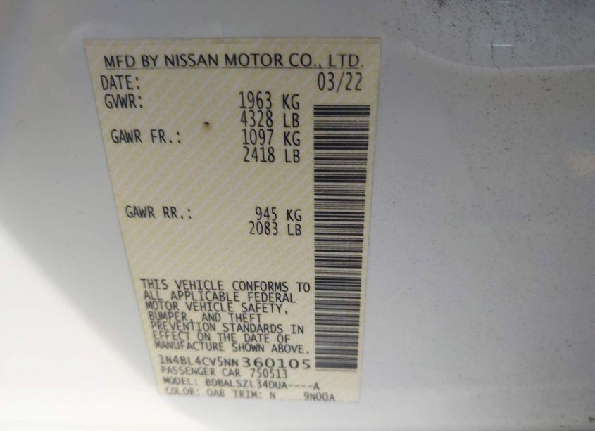 Photo 9 of 2022 Nissan Altima SR FWD (VIN 1N4BL4CV5NN360105)