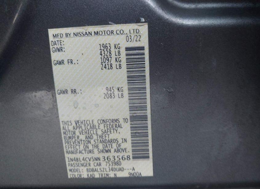 Photo 9 of 2022 Nissan Altima SR FWD (VIN 1N4BL4CV5NN363568)