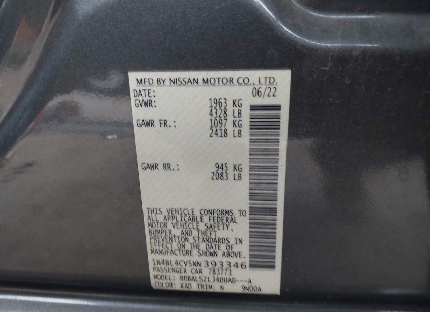 Photo 9 of 2022 Nissan Altima SR FWD (VIN 1N4BL4CV5NN393346)