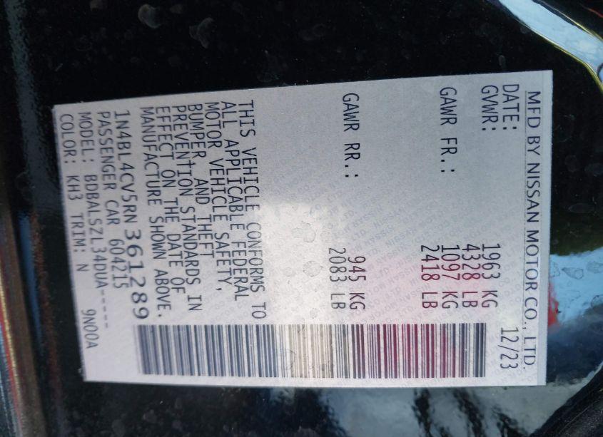 Photo 9 of 2024 Nissan Altima SR FWD (VIN 1N4BL4CV5RN361289)