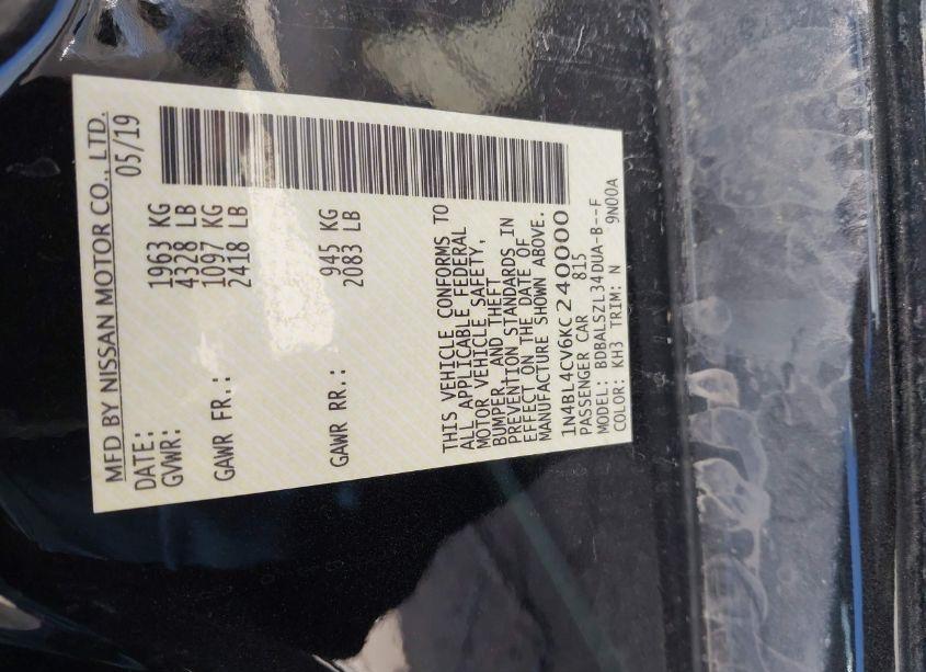 Photo 9 of 2019 Nissan Altima 2.5 SR (VIN 1N4BL4CV6KC240000)