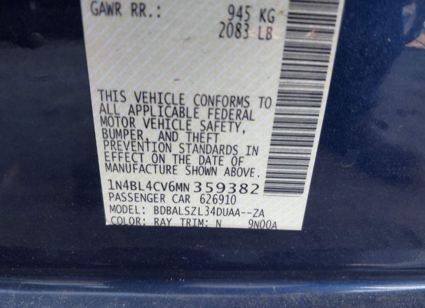 Photo 9 of 2021 Nissan Altima SR FWD (VIN 1N4BL4CV6MN359382)