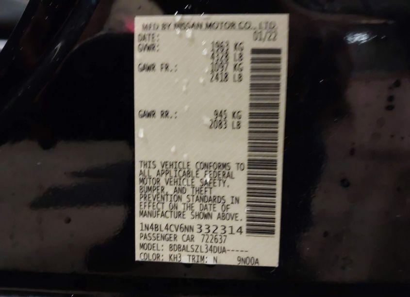 Photo 9 of 2022 Nissan Altima SR FWD (VIN 1N4BL4CV6NN332314)