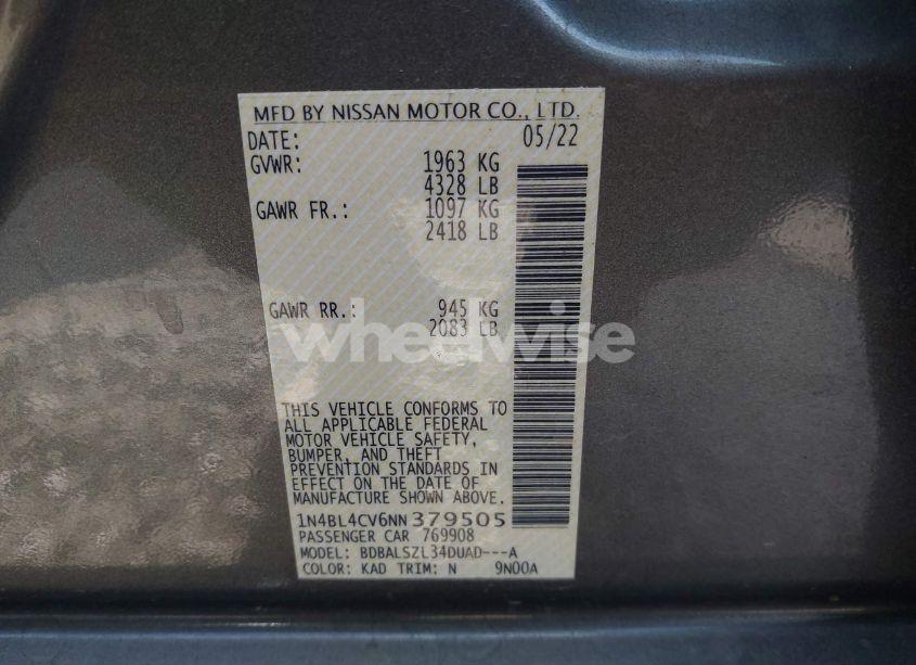 Photo 9 of 2022 Nissan Altima SR FWD (VIN 1N4BL4CV6NN379505)