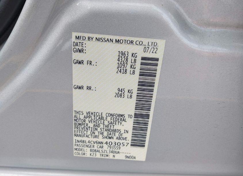 Photo 9 of 2022 Nissan Altima SR FWD (VIN 1N4BL4CV6NN403057)