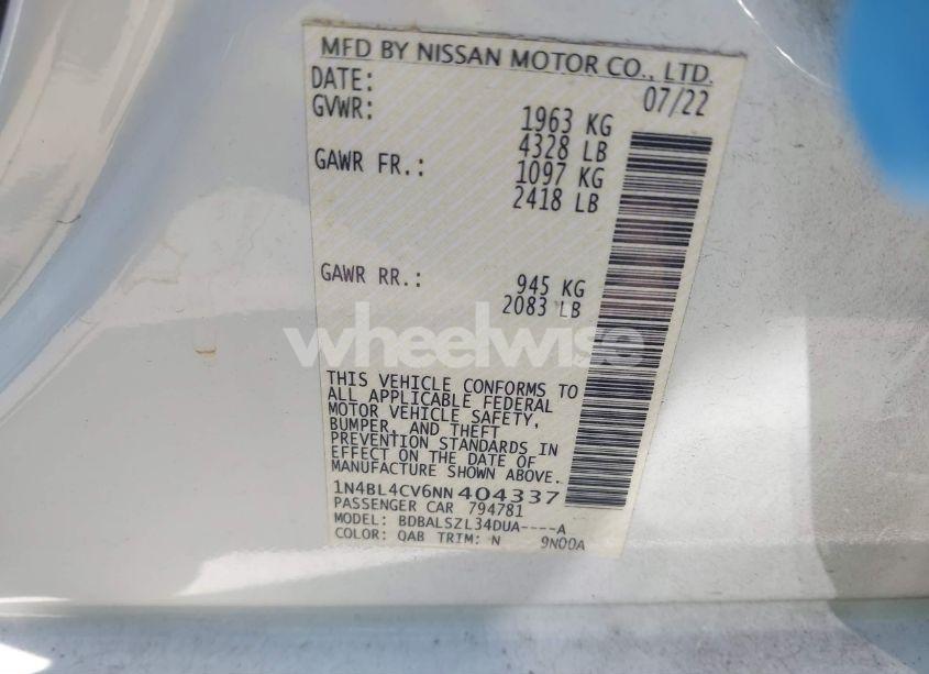 Photo 9 of 2022 Nissan Altima SR FWD (VIN 1N4BL4CV6NN404337)