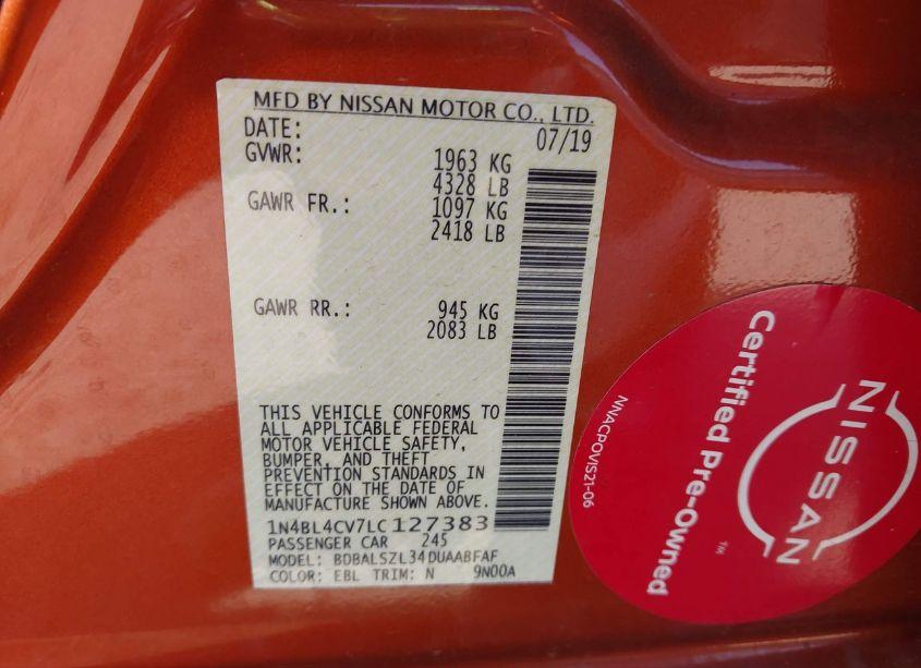 Photo 9 of 2020 Nissan Altima SR FWD (VIN 1N4BL4CV7LC127383)