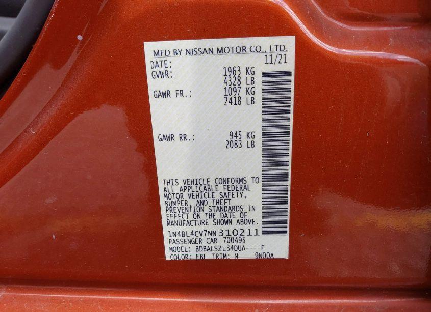 Photo 9 of 2022 Nissan Altima SR FWD (VIN 1N4BL4CV7NN310211)