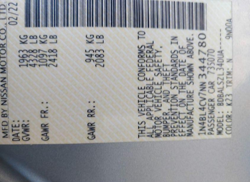 Photo 9 of 2022 Nissan Altima SR FWD (VIN 1N4BL4CV7NN344780)